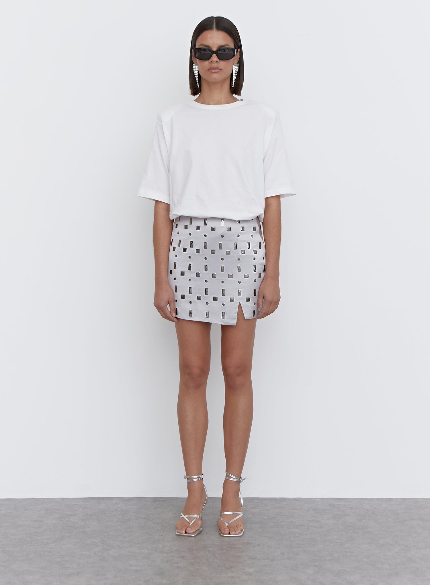 Silver Embellished Faux Leather Mini Skirt